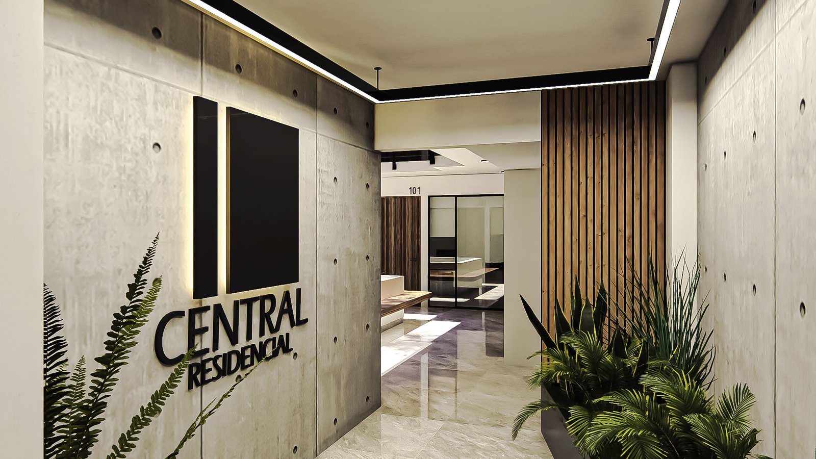 Lobby elegante del desarrollo